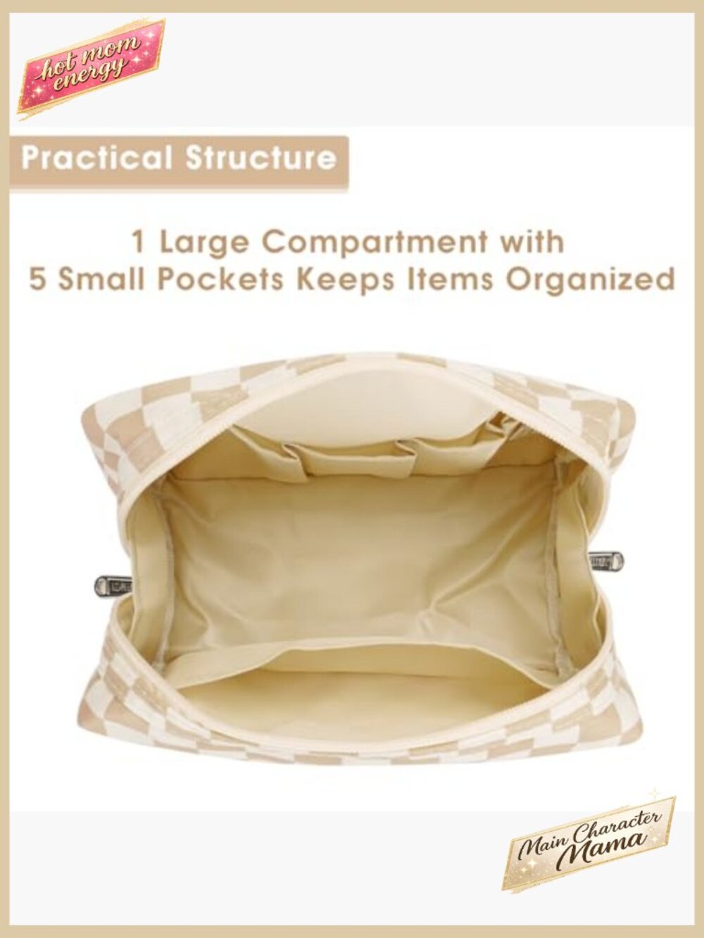 Large Checkered Cosmetic Bag Travel Organizer with Compartments Water-Resistant - Picture 4 of 6
